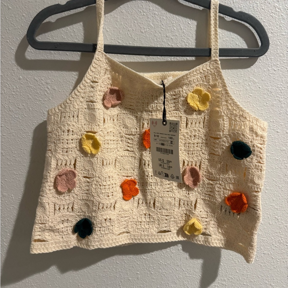 Zara Cream Crochet Tank Top with Floral Accents